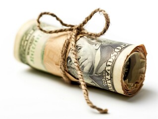 A close-up image of a rolled-up banknote secured with a rustic twine bow, set against a clean white background, symbolizing savings or financial gift.