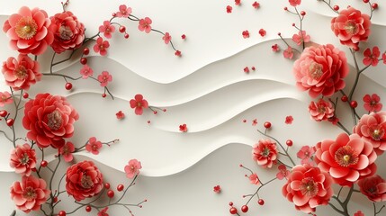 Happy Chinese new year wallpaper design with flower pattern on white background. Modern luxury oriental illustration for cover, banner, website, decor, border, frame.