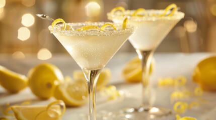 tasty lemon martini cocktail with citrus on table