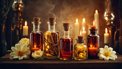 Cosmetic oil, candles, flowers relax