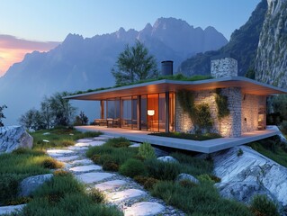 A house with a green roof and a stone exterior sits on a hillside. The house is surrounded by a lush green landscape, with a path leading up to it. The sky is a mix of blue and orange, creating a warm