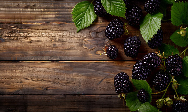 a Delicious Blackberry on Wood Background with blackberries ripe blackberries unripe blackberries on the green mint bush on an old brown wooden table top.