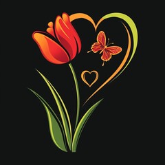 Heart Shaped Flower and Butterfly on Black Background