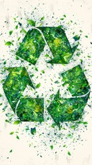 A green recycling symbol is shown with green leaves and green paint. Concept of recycling and the importance of taking care of the environment