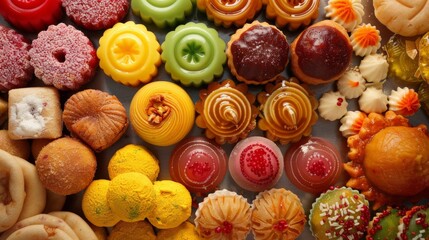Assorted Indian sweets like gulab jamun and jalebi, colorful and tempting