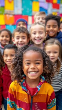 A group of children are smiling and posing for a picture. Scene is happy and joyful