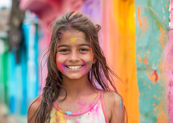 Fototapeta premium Portrait of Indian girl enjoying at Holi festival.