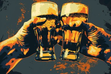 Celebratory Beer Toast Illustration, Friendship Concept