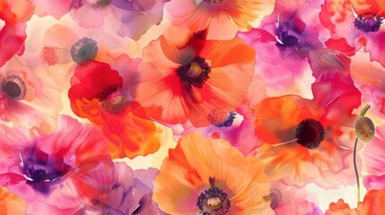 Brightly colored poppies in a loose watercolor style, bursting with energy seamless pattern