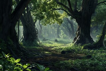 Obraz premium Dappled Ancient forest sun light. Trunk tree nature. Generate Ai