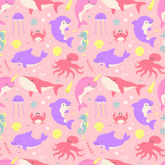 Ocean animals seamless cartoon pink pattern. Background pattern with dolphin, crab, jellyfish, seahorse, killer whale, narwhal.