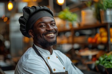 Fototapeta premium A portrait of a cheerful male chef wearing a black toque blanche in a professional kitchen setting