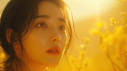 Fototapeta premium A Korean woman's eyes are filled with wonder and curiosity as she daydreams, lost in her own thoughts and fantasies.