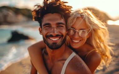 Fototapeta premium A man and woman are smiling and hugging on a beach. The man is wearing glasses and the woman has blonde hair. Scene is happy and carefree