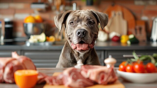 A large dog eagerly waiting as its owner cuts up pieces of raw beef and pork on a kitchen counter, preparing a BARF meal