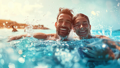 featuring a couple swimming close together in the ocean, with playful splashes around them, emphasizing joyful and intimate moments, Happiness, Smiling, People, Beach, Summer, Frie