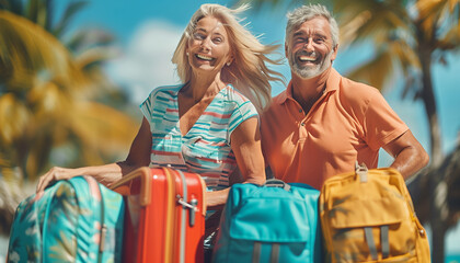featuring an older couple unpacking their suitcases upon arriving at a luxurious tropical resort, their faces alight with joy and anticipation, tropical locations, People, bags, Su