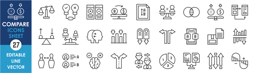 A set of icons related to compasion. Compare linear icons set. Outline icons used to differentiate.