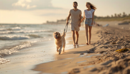 of a couple walking their dog along the beach, with the dog running ahead in excitement, showcasing a relaxing stroll and the joy of pet companionship, Happiness, Smiling, People,