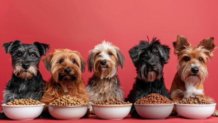 A lineup of dogs small breeds, each with a bowl of food, showcasing suitable meal sizes and ingredients for each breed