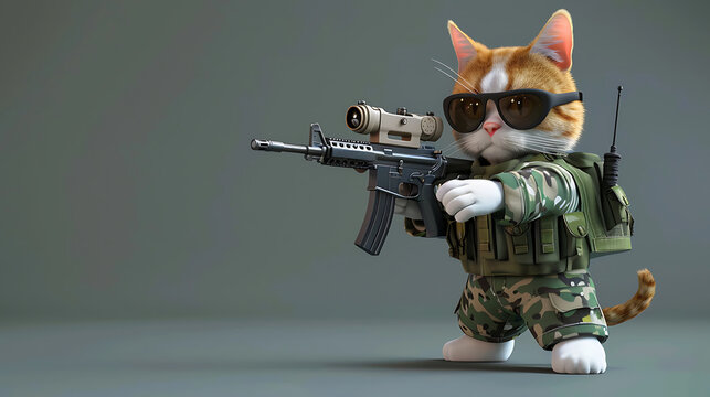 3d cartoon cat in military clothes and bring a gun