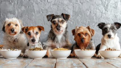 A lineup of dogs small breeds, each with a bowl of food, showcasing suitable meal sizes and ingredients for each breed