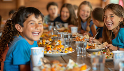 showing kids enjoying a communal meal in the camp dining hall, chatting and laughing together at long tables, fostering friendships and community, school, summer camp, kids, Fun, w