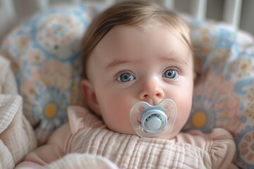 A young infant clad in a knit sweater gazes with striking blue eyes, holding a pacifier