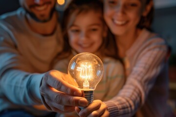 Happy family holding a light bulb in their hands
