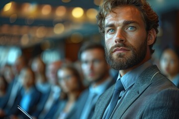 Obraz premium A serious businessman listens intently at a professional seminar, showing engagement and purpose