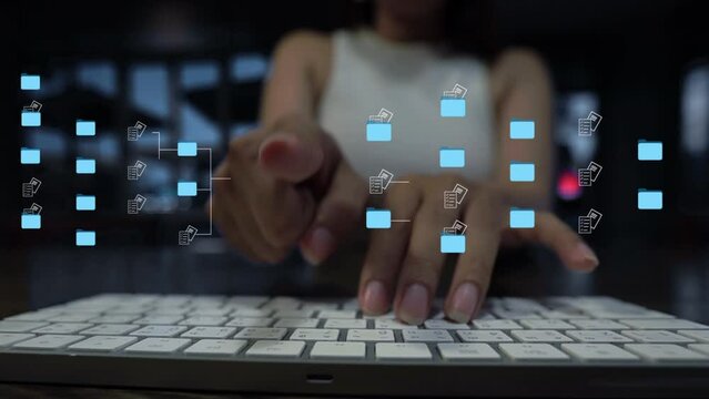 Ai Futuristic holographic interface of a file manager, folder structure with documents and data scanning, digital document storage software, cloud database, search and manage documents, paperless 