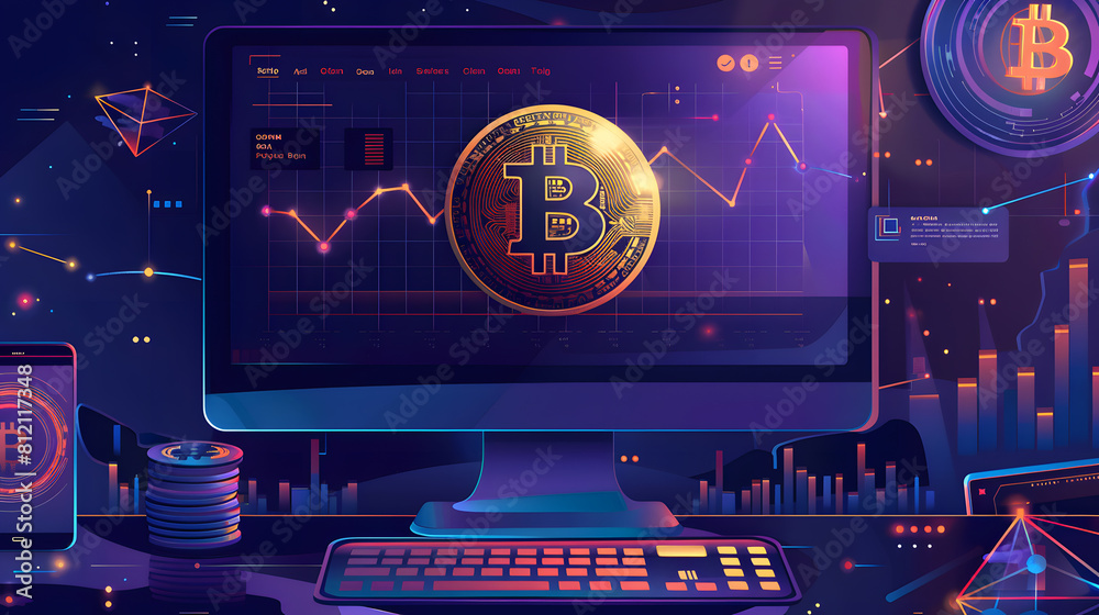 Poster bitcoin on the display of the computer. crypto currency.
