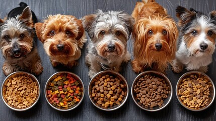 A lineup of dogs small breeds, each with a bowl of food, showcasing suitable meal sizes and ingredients for each breed