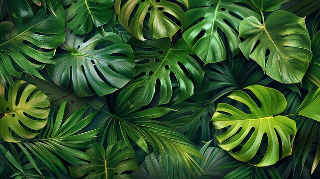The image shows a close-up of lush green tropical leaves