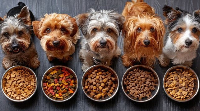 A lineup of dogs small breeds, each with a bowl of food, showcasing suitable meal sizes and ingredients for each breed
