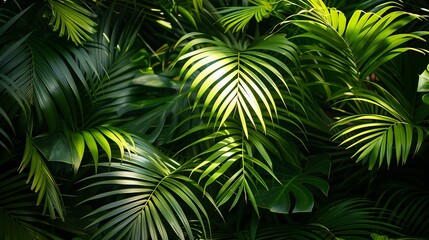 Green leaves of palm trees in the jungle.