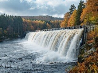 A waterfall is flowing into a river. The water is brown and the sky is cloudy. The scene is peaceful and serene