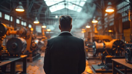 Lonely businessman in suit standing in dark factory and looking at machines.