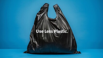 Black plastic bag on a blue background and the inscription Use less plastic