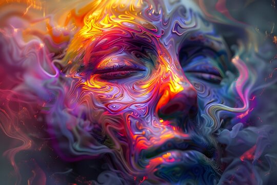 Captivating Surreal Digital Portrait of Expressive Abstract Humanoid Figure in Vivid Neon Like Dreamscape