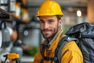 Cheerful industrial worker with a safety helmet and backpack at a work site