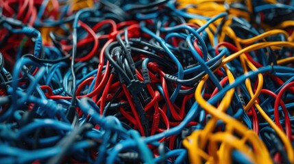 A tangled mess of colorful electrical cords and cables