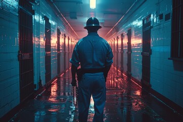 A prison guard standing in a dramatic lit corridor with an intimidating atmosphere