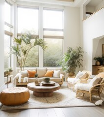 Modern living room interior with white walls, big window and modern furniture.