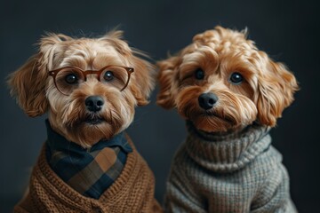 Two adorable dogs facing away, dressed in cozy sweaters and scarves, symbolizing companionship