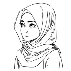 Cute Hijab Girl Outline Hand Drawn