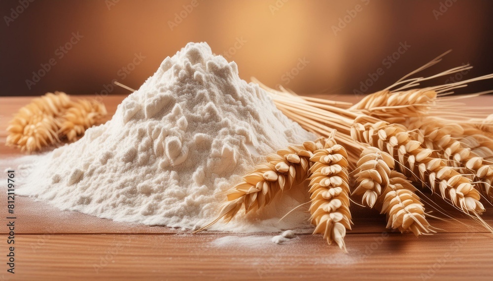 Wall mural Harvest to Table: Wheat Grains and Flour on Wooden Surface