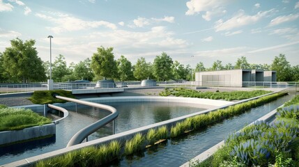 Artistic rendering of a water treatment plant, clean, modern, technological, vital, expansive, optimizing processes in the environmental engineering concept, High resolution.