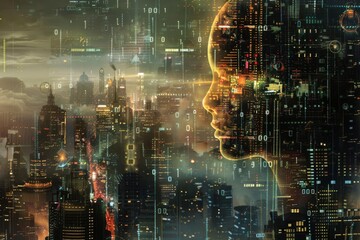 Fototapeta premium Artistic illustration of a digital human profile, composed of binary code and electronic components, floating above a futuristic cityscape, highlighting themes of innovation and the d