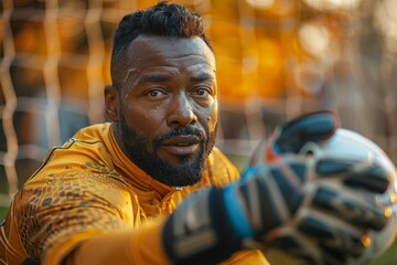 Focused soccer goalkeeper in mid-action, preparing to save a goal with determination and athleticism